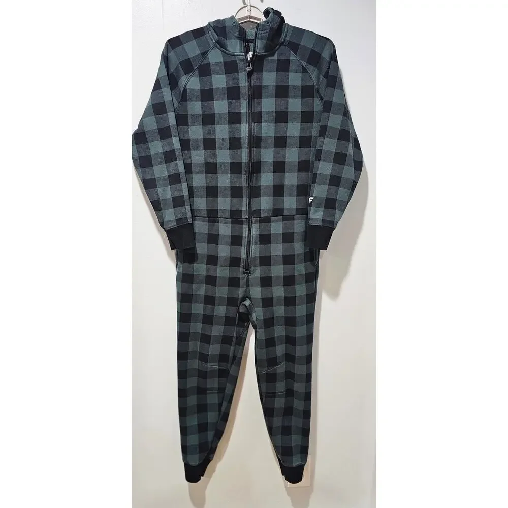 Fabletics Fleece Hooded Onesie One Piece Pajama, Green Black Womens Sz M